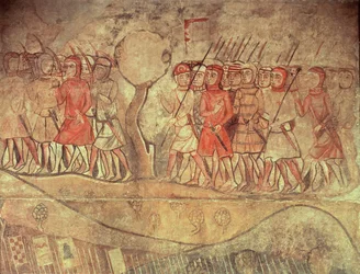 Soldaten uit het leger van Koning Jacobus I (1208-76) een groep voetsoldaten met bogen en lansen, detail van een muurschildering uit het voormalige Palacio Reale, Barcelona