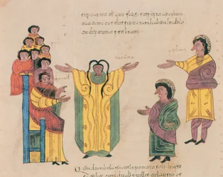 Susanna en de Oudsten, uit de Visigotisch-Mozarabische Bijbel van St. Isidores, fol.324v., 960 n.Chr. (tempera op perkament)