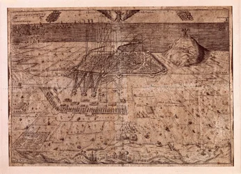 De opstand van Catalonië of de oorlog van de oogsters (1640-1659), het beleg van Barcelona over zee en land door de troepen van Filips IV van Spanje (1605-1665). Gravure 1652. Stadshistorisch Museum, Barcelona.