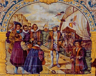 Tegels die koning Karel I van Spanje weergeven die zich voorbereidt om in 1520 vanuit de haven van La Coruna te vertrekken om zijn verkiezing als Heilige Roomse Keizer te aanvaarden (keramiek)