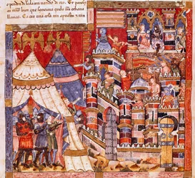 Trojaanse Oorlog: de stad Troje en het Griekse kamp. (detail) Miniatuur uit het Spaanse manuscript 
