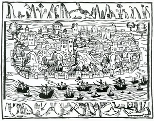 Uitzicht op Lissabon uit Libro de Grandezas y cosas Memoralder de Espana door Pedro Medina, 1548