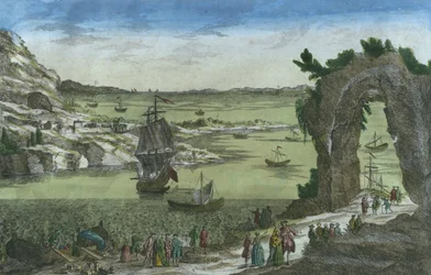 Uitzicht op de Franse landing om de nieuwe kolonie te vestigen in de haven van Nieuw-Cayenne, Frans-Guyana, 1762