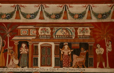Muurschildering die een Singalees huis in de Subdharama-tempel, Dehiwala afbeeldt