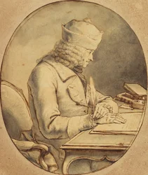 Voltaire zittend aan een Bureau met een muts op, in profiel naar links, ca. 1765
