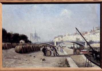 De Seine bij de Sullybrug, de wijnhaven, de Quai Saint Bernard. Schilderij door Stanislas Lepine (1835-1892). 1882-1885. Dim. 0,15 x 0,23. Privécollectie