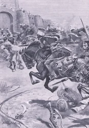 De 16e Lancers en Skinners Horse drijven de Jats naar Bharatpur; december 1825, illustratie uit Britse gevechten op land en zee, 1915
