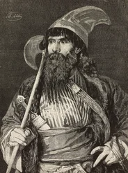 Sjeik in vol ornaat, gravure door F Gamberoni naar een schilderij van Stefano Ussi, L