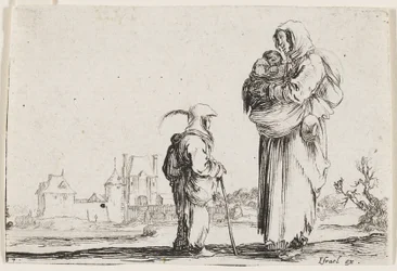 Een arme staande vrouw die een baby vasthoudt, uit Caprices, plaat 7