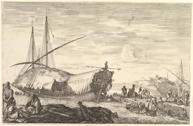 Een galei bedekt met zeilen naar links, zes kanonnen en vier mensen op de voorgrond, ca. 1652-57