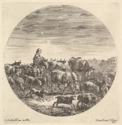 Een boerin zittend op een paard naar links, kijkend naar rechts, omringd door een kudde