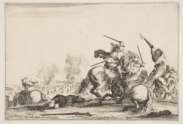Een schermutseling, twee ruiters vechten met zwaarden rechts, mannen met een vlag rennen..., ca. 1645