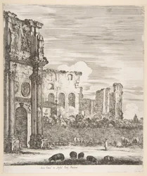 Boog van Constantijn en Colosseum met grazende schapen op de voorgrond, uit "Zes grote gezichten, vier van Rome en twee van de Romeinse Campagna" (Zes grote gezichten, waarvan vier van Rome en twee van de Romeinse Campagna)