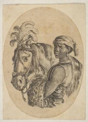 Een zwarte slaaf draagt een luipaardvel en houdt de teugel van een paard vast, uit Verscheidene hoofden ..., 1649-50