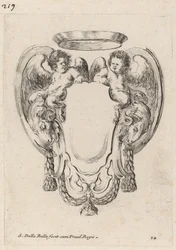 Cartouche met rammen en jonge saters, 1647
