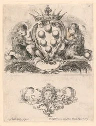 Wapen van de Groothertog van Toscane: Ornament met een Leeuwenmasker, Nr. 6 uit "Raccolta di varii cappriccii et nove inventioni di cartelle et ornamenti"