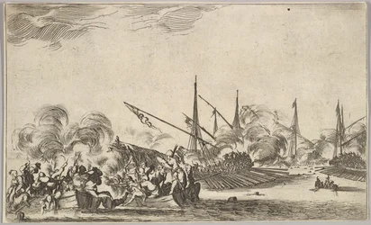 Gevecht tussen verschillende roeiboten en schepen, twee groepen mannen in roeiboten vechten naar links..., 1639
