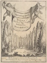 Frontispice voor Het cipressenbos La selva di cipressi: twee putti houden een wandtapijt vast, 1640