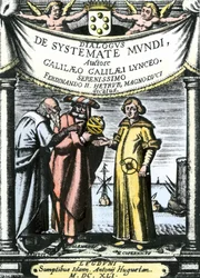 Frontispice van "Dialogo sopra i due massimi sistemi del mondo" van Galileo, gepubliceerd in 1632 (gravure