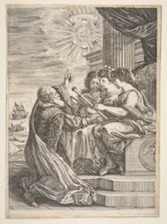 Galileo en personificaties van Astronomie, Perspectief en Wiskunde, frontispice voor