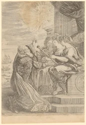Galileo voor de personificaties van de astronomie, het perspectief en de wiskunde