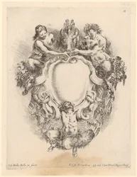 Cartouche met drie saters en een wijnkruik