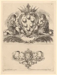 Cartouche met twee kinderen op leeuwen, onderaan een leeuwenkop