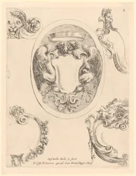 Cartouche met twee kussende harpijen in een ovaal