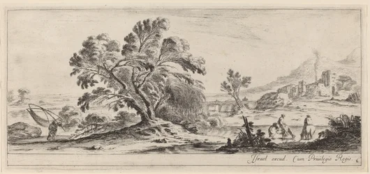 Landschap met visser die zijn net draagt