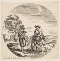 Landschap met twee boeren, een te paard, uit Landschappen en havens Paysages ..., 1656