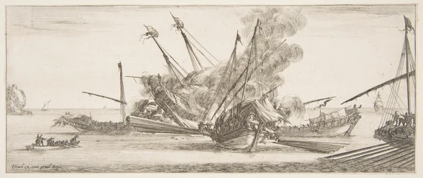 Zeeslag, een schip in het midden, gezien van achteren, vuurt op vier vijandelijke schepen, ca. 1641