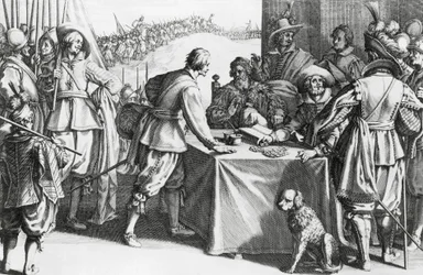 Betaling van huurlingen, gravure door Stefano della Bella (1610-1664)