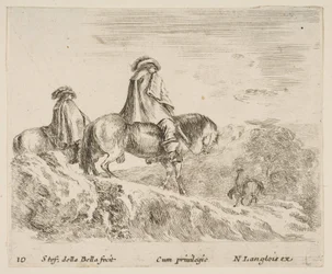 Plaat 10: twee ruiters dalen een berg af links, een andere ruiter rechts...