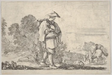 Plaat 11: een boer met een hoed in het midden, lopend naar rechts, een paard afdalend, ca. 1641