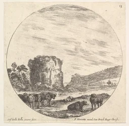 Plaat 13: ruïnes van een oude tempel op de achtergrond, een kudde koeien op de voorgrond, ca. 1643-48