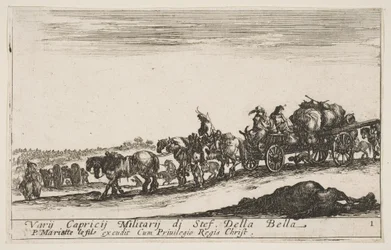Plaat 1: Een door paarden getrokken kar die mensen en goederen vervoert, dood paard op de voorgrond, ca. 1641