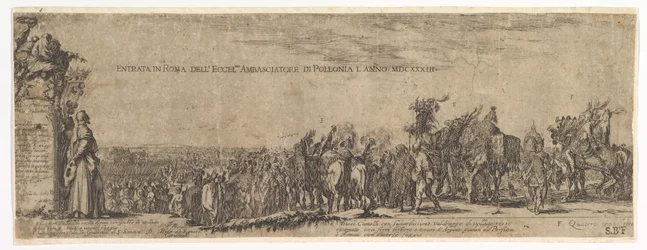 Plaat 1: De ingang van de Poolse ambassadeur in Rome, het Medici-wapen links, 1633