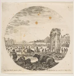 Blad 2: Campo Vaccino, een buffel en twee herders in het midden, de Fontanone rechts