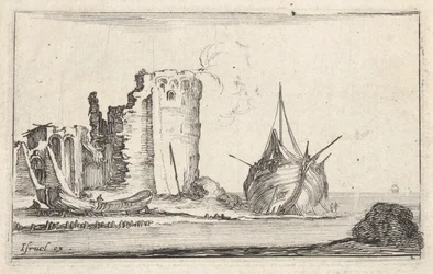 Plaat 2: een schip rechts en een roeiboot links, aangespoeld op de kust, een toren in ruïnes, ca. 1642