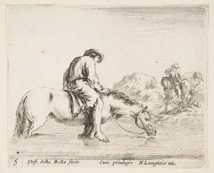 Plaat 5: een blootsvoetse boer te paard die een rivier oversteekt, een andere boer te paard..., ca. 1644-47