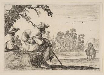 Twee pelgrims met hoeden rusten links, gezien van achteren, een ruiter rijdt naar voren, 1642