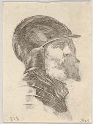 Plaat 6: hoofd van een oude bebaarde soldaat met een helm naar rechts, uit Diverse hoofden