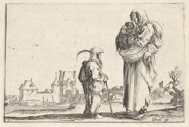 Blad 7: een boerin die een kind naar rechts draagt, pratend met een ander kind dat staat..., ca. 1642
