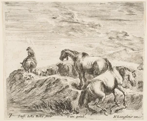 Plaat 7: twee paarden die de oever van een rivier beklimmen, volgend op een processie