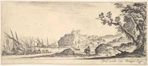 Plaat 7: verschillende boten aan de kust links, een man met een tas, van achteren gezien, ca. 1641