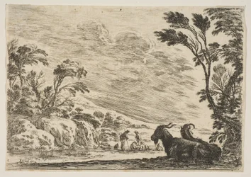 Plaat 9: Twee geiten rustend naar rechts, naar links gekeerd, vier mannen en een paard in een rij, 1642