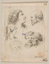 Plaat 9: vijf hoofden, twee jonge vrouwen links, een bebaarde man rechtsboven, een jonge vrouw..., ca. 1649