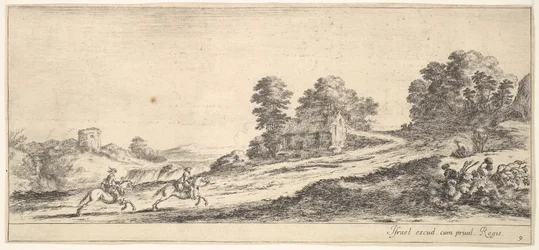 Plaat 9: twee ruiters links galopperend heuvelopwaarts naar rechts, een paard en zittende man, ca. 1641