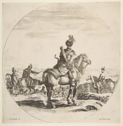 Poolse ruiter met boog en pijl, gezien van achteren met zijn paard naar rechts gericht, een..., ca. 1651