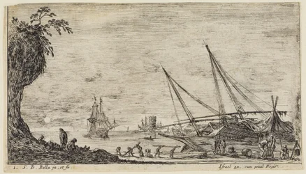 Zeegezichten (Paysages maritimes): zeehaven met zeelieden en arbeiders die houtblokken vervoeren